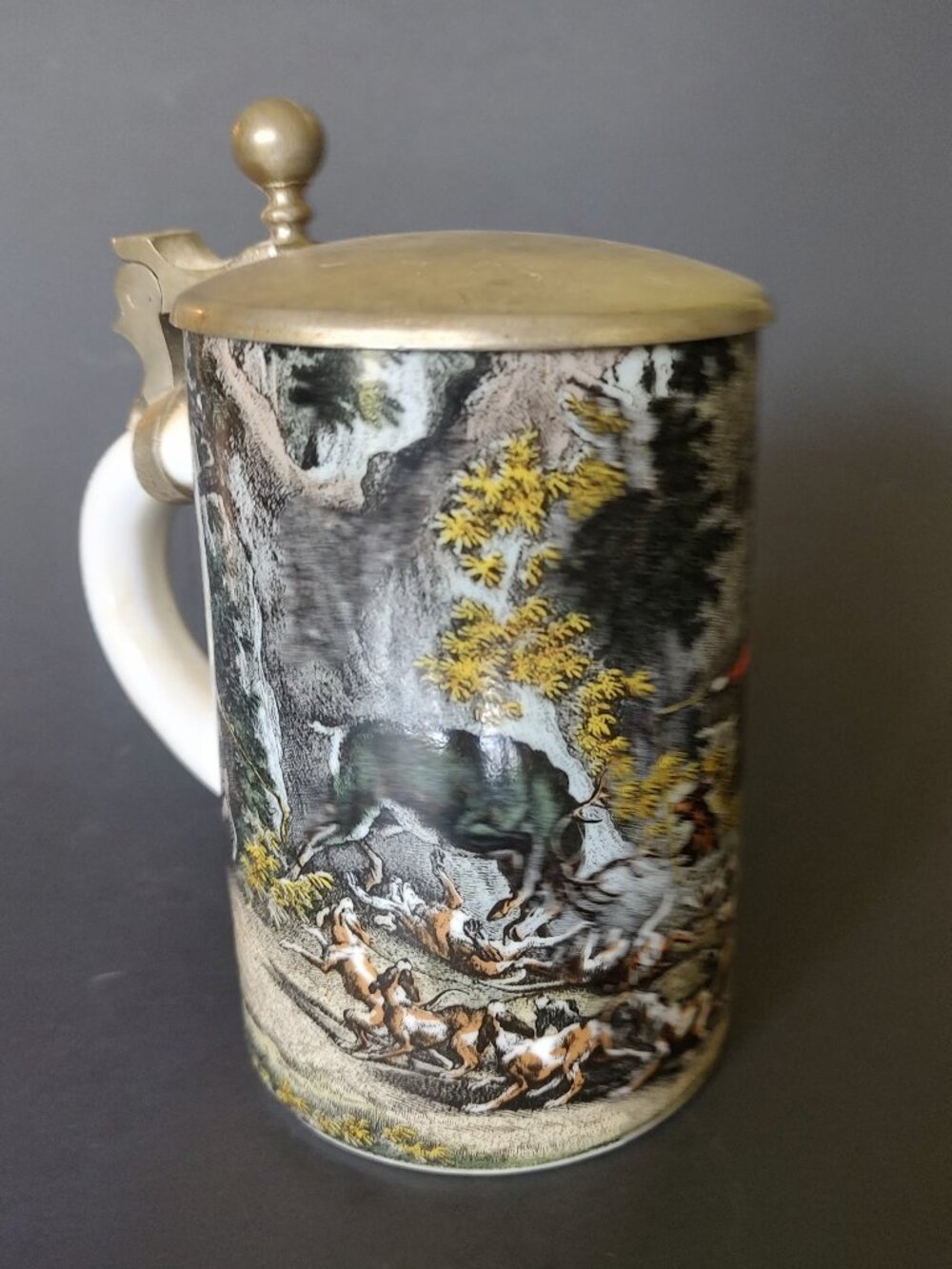 Vintage West German Lidded Beer Stein Mug w Hunting Scene Hunters Hounds & Stag